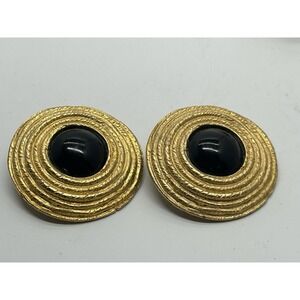 Vtg Les Bernard Runway Gold Plt  RARE Black Cabochon Glass Rope Disc Earrings XL